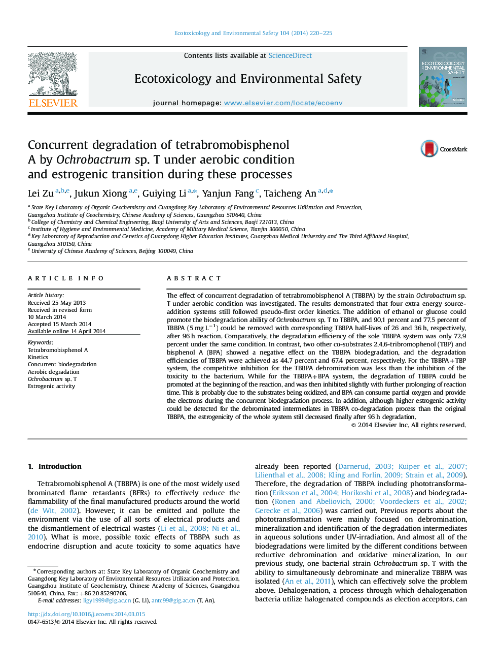 Concurrent degradation of tetrabromobisphenol A by Ochrobactrum sp. T under aerobic condition and estrogenic transition during these processes