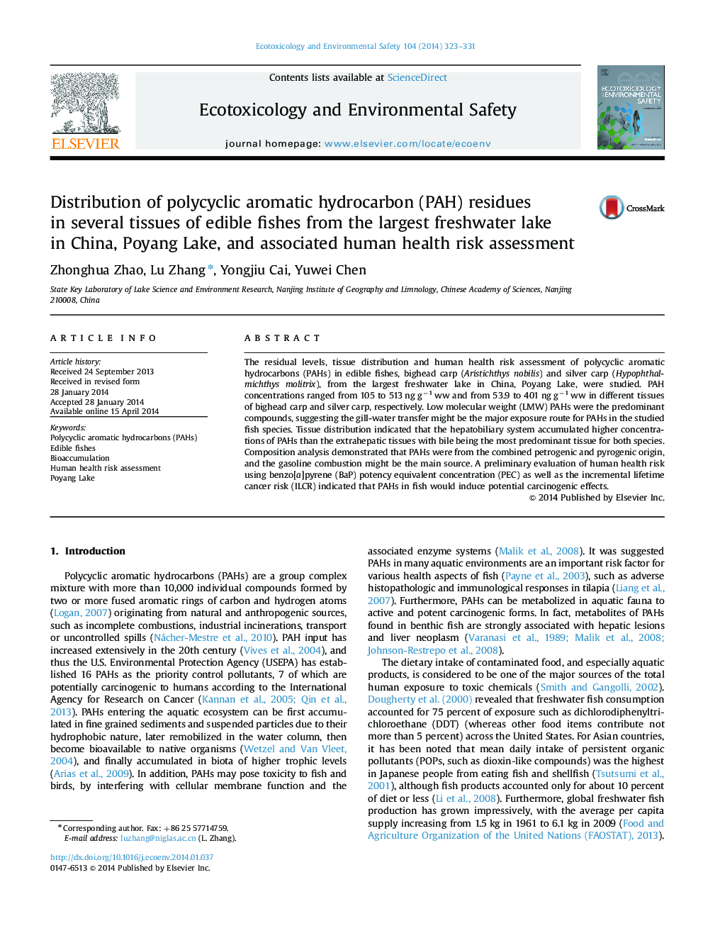 Distribution of polycyclic aromatic hydrocarbon (PAH) residues in several tissues of edible fishes from the largest freshwater lake in China, Poyang Lake, and associated human health risk assessment