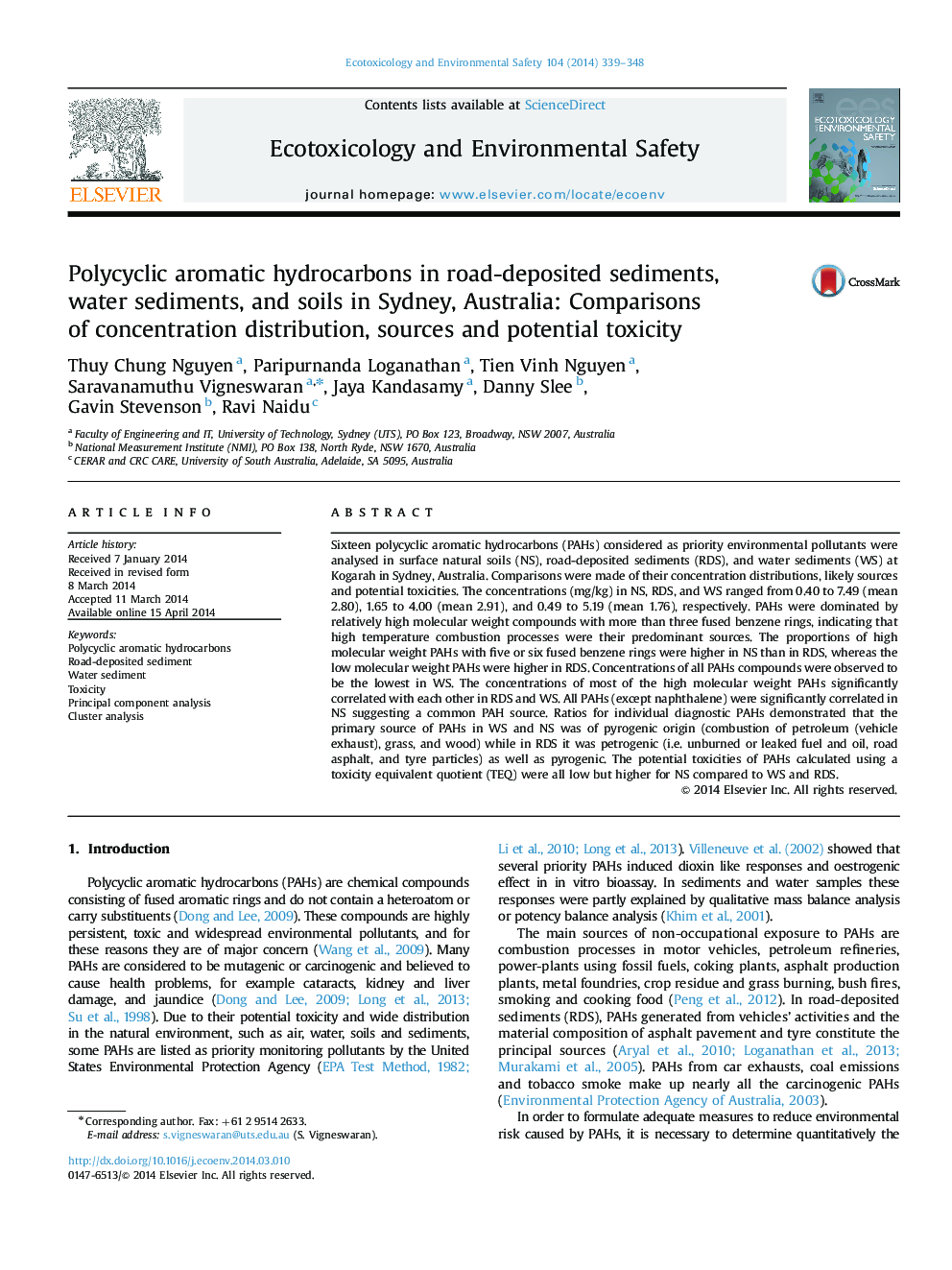 Polycyclic aromatic hydrocarbons in road-deposited sediments, water sediments, and soils in Sydney, Australia: Comparisons of concentration distribution, sources and potential toxicity