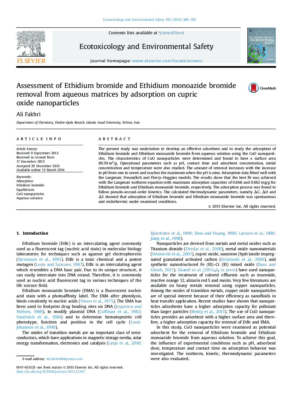 Assessment of Ethidium bromide and Ethidium monoazide bromide removal from aqueous matrices by adsorption on cupric oxide nanoparticles