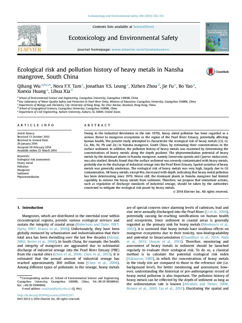 Ecological risk and pollution history of heavy metals in Nansha mangrove, South China