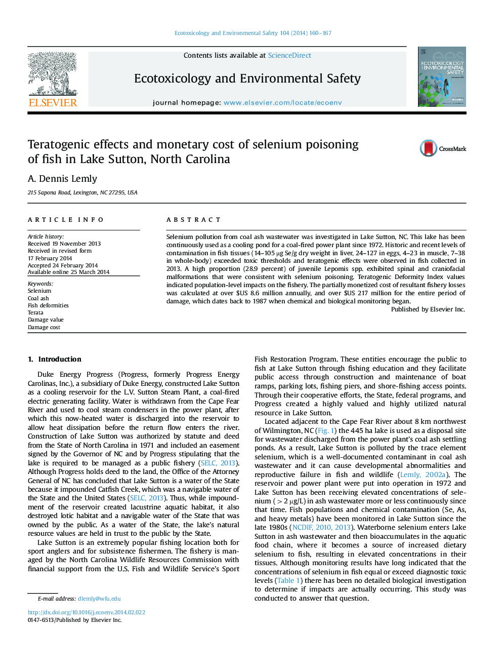 Teratogenic effects and monetary cost of selenium poisoning of fish in Lake Sutton, North Carolina