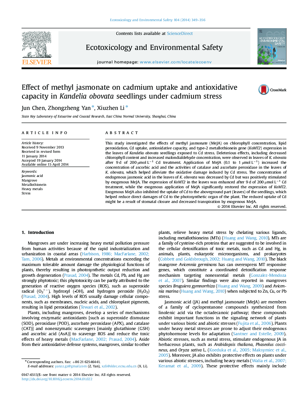 Effect of methyl jasmonate on cadmium uptake and antioxidative capacity in Kandelia obovata seedlings under cadmium stress