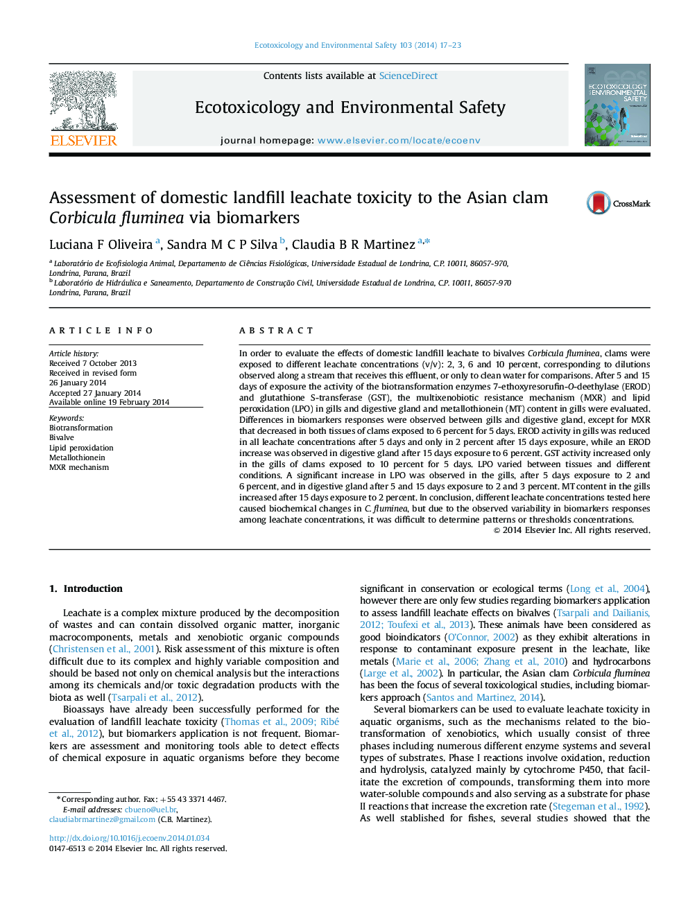 Assessment of domestic landfill leachate toxicity to the Asian clam Corbicula fluminea via biomarkers