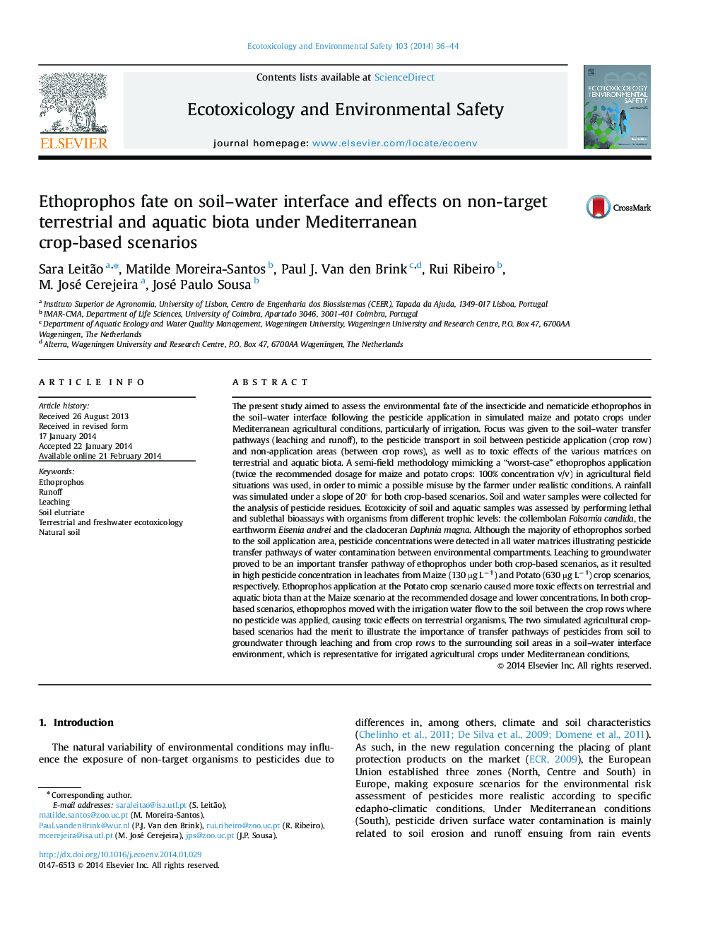 Ethoprophos fate on soil–water interface and effects on non-target terrestrial and aquatic biota under Mediterranean crop-based scenarios