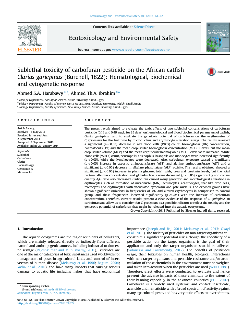 Sublethal toxicity of carbofuran pesticide on the African catfish Clarias gariepinus (Burchell, 1822): Hematological, biochemical and cytogenetic response
