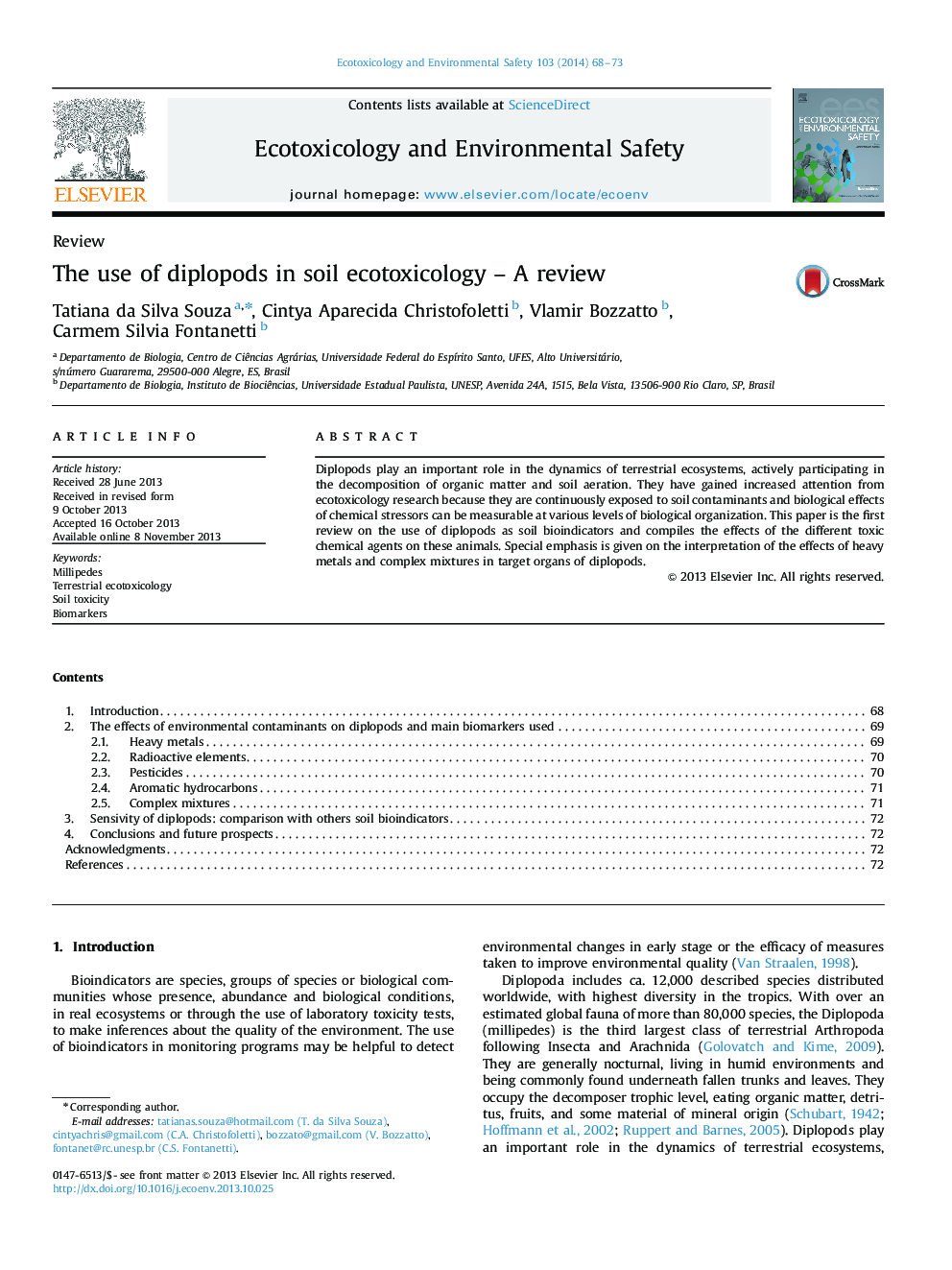 The use of diplopods in soil ecotoxicology – A review