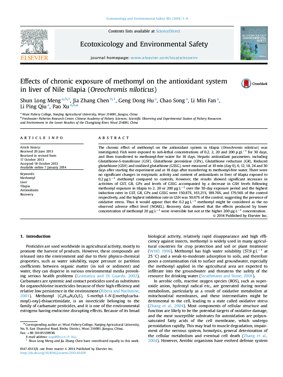 Effects of chronic exposure of methomyl on the antioxidant system in liver of Nile tilapia (Oreochromis niloticus)