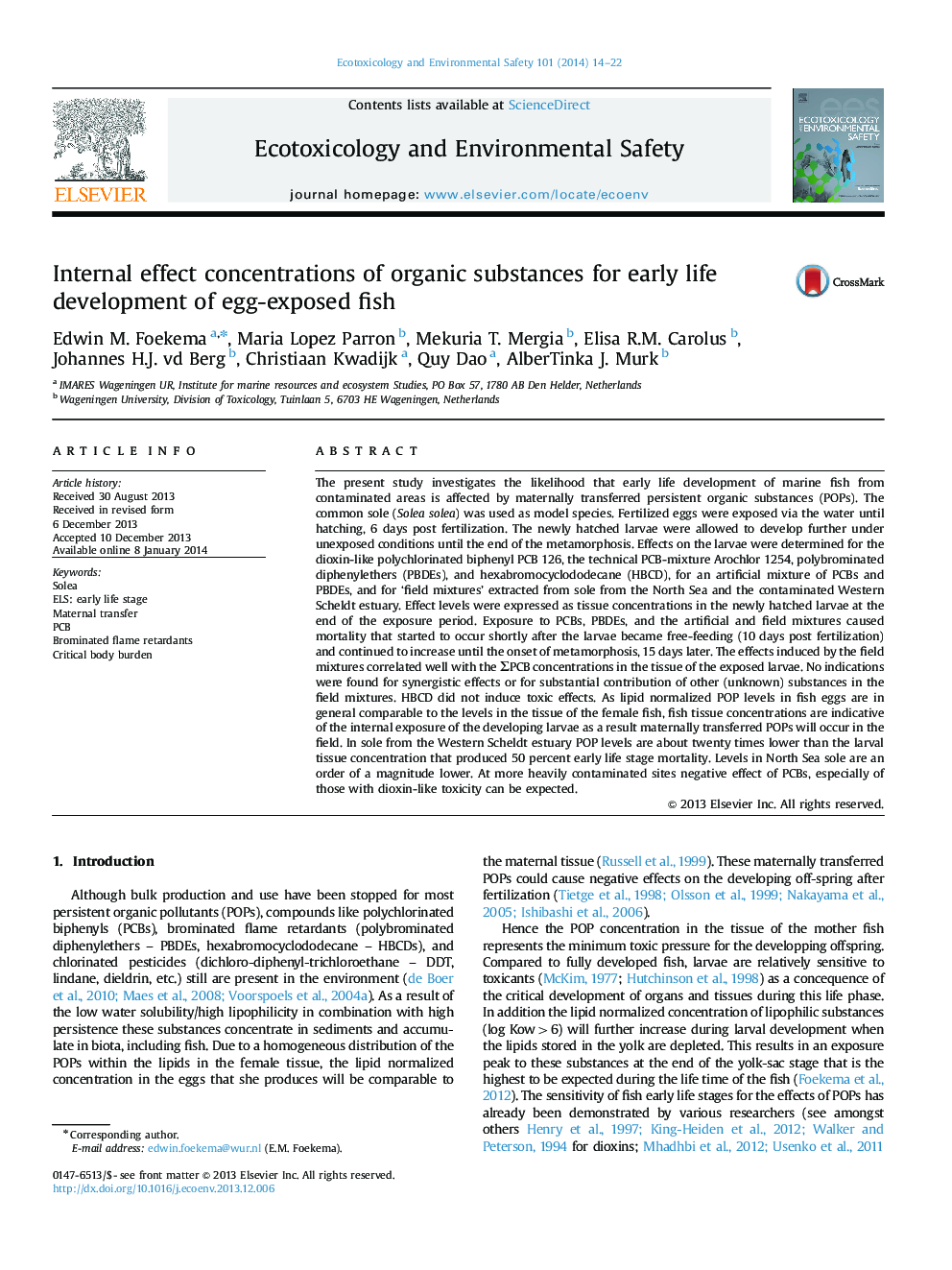 Internal effect concentrations of organic substances for early life development of egg-exposed fish