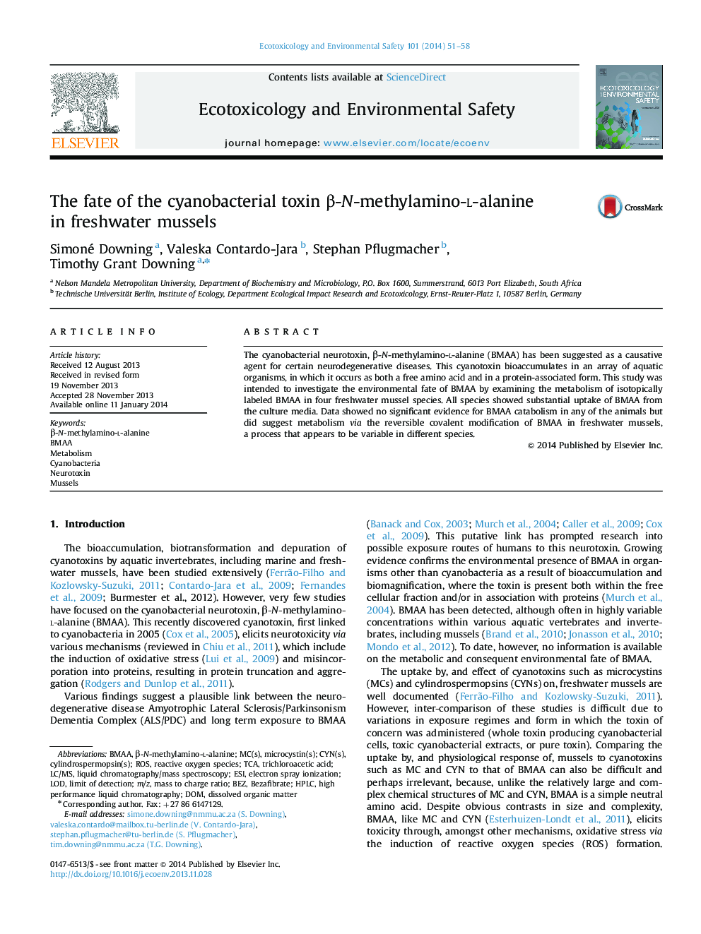 The fate of the cyanobacterial toxin β-N-methylamino-l-alanine in freshwater mussels