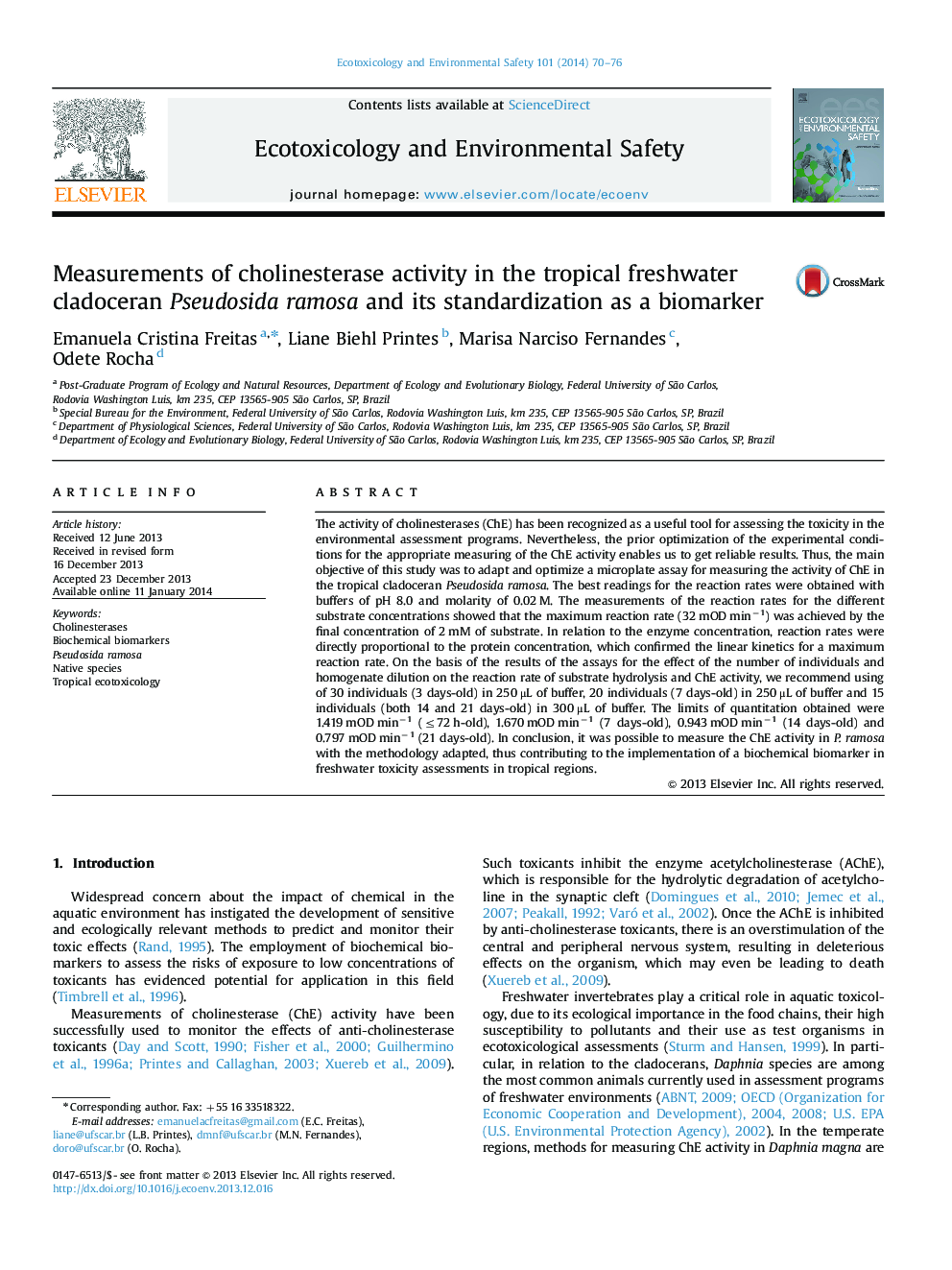 Measurements of cholinesterase activity in the tropical freshwater cladoceran Pseudosida ramosa and its standardization as a biomarker