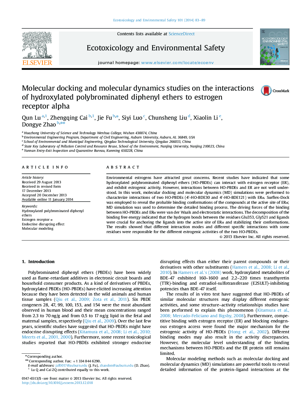 Molecular docking and molecular dynamics studies on the interactions of hydroxylated polybrominated diphenyl ethers to estrogen receptor alpha