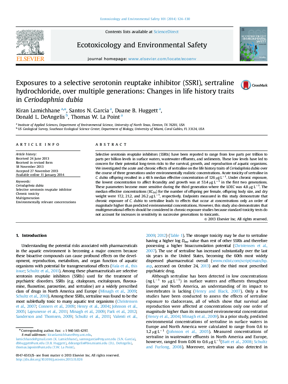 Exposures to a selective serotonin reuptake inhibitor (SSRI), sertraline hydrochloride, over multiple generations: Changes in life history traits in Ceriodaphnia dubia