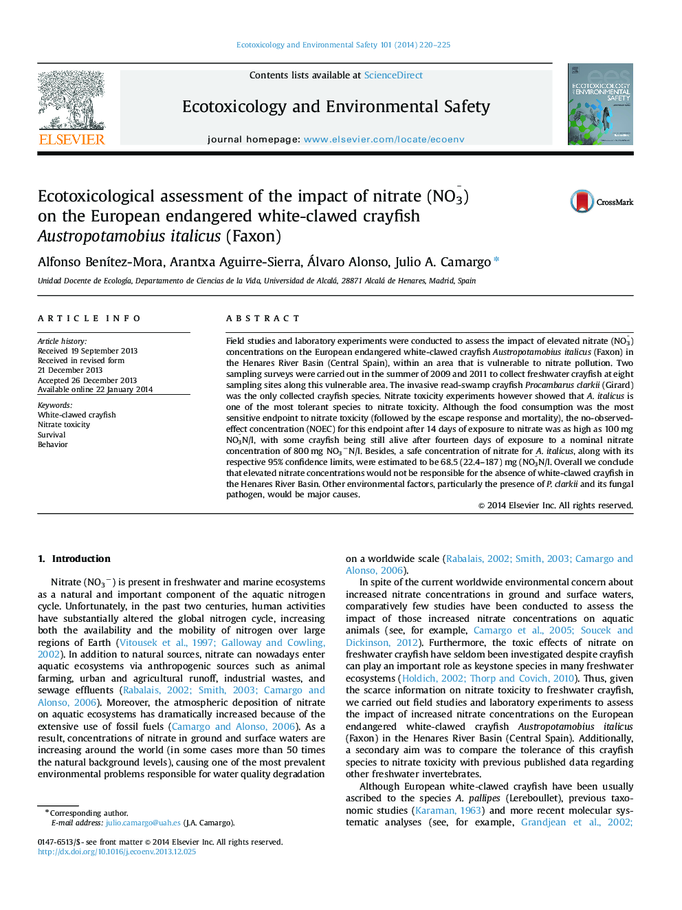 Ecotoxicological assessment of the impact of nitrate (NO3¯) on the European endangered white-clawed crayfish Austropotamobius italicus (Faxon)