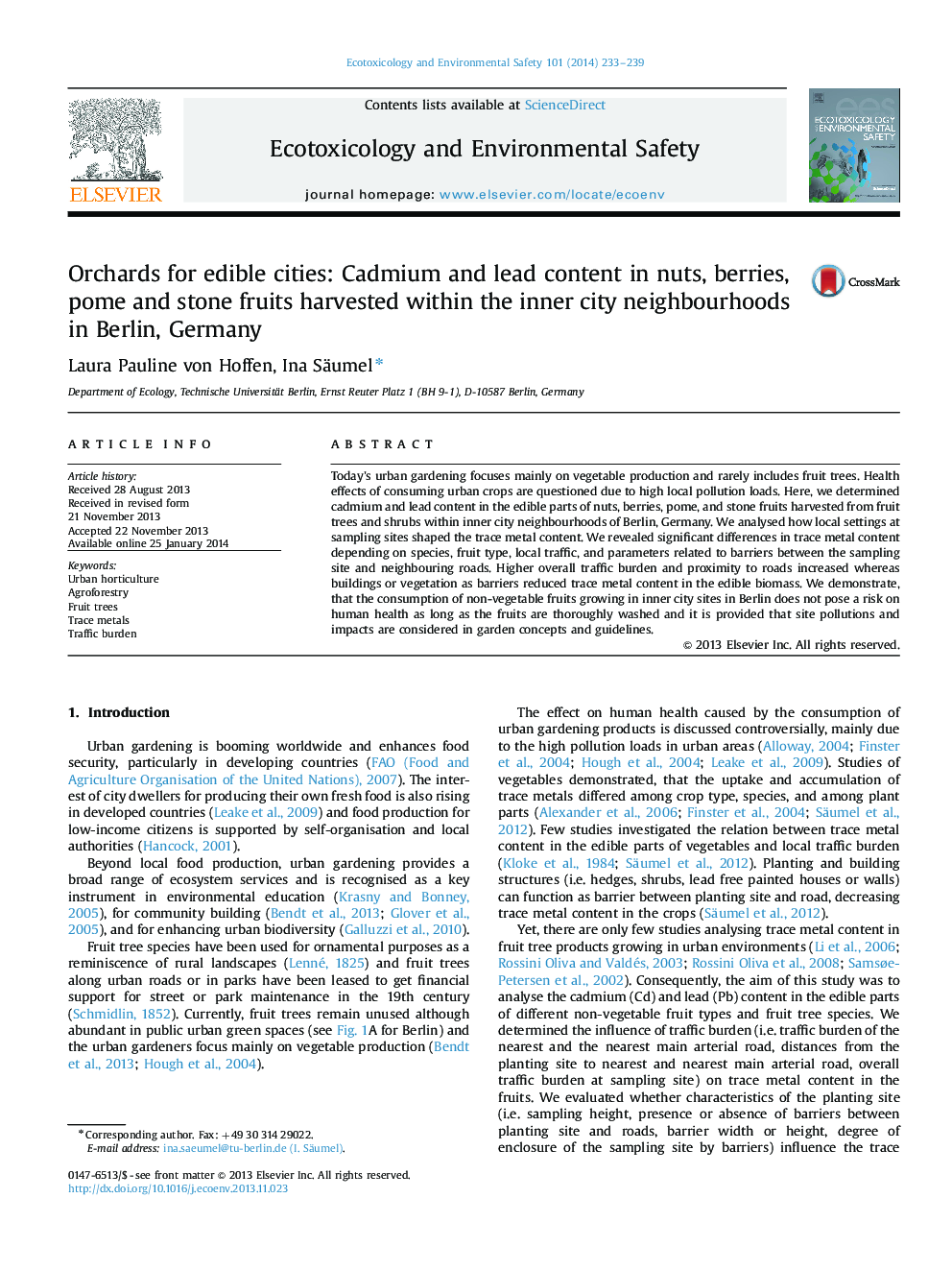 Orchards for edible cities: Cadmium and lead content in nuts, berries, pome and stone fruits harvested within the inner city neighbourhoods in Berlin, Germany