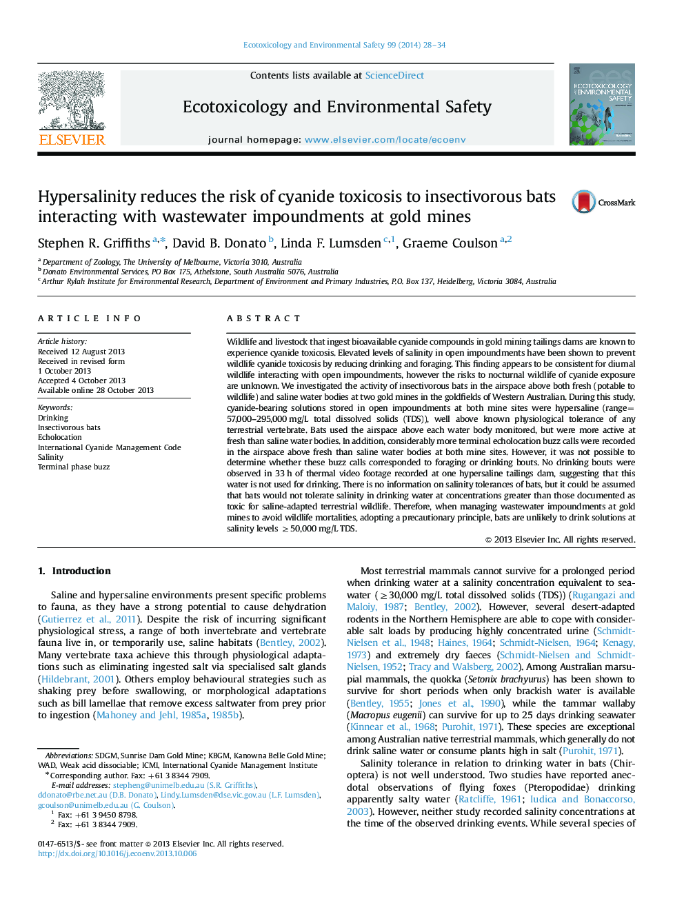 Hypersalinity reduces the risk of cyanide toxicosis to insectivorous bats interacting with wastewater impoundments at gold mines