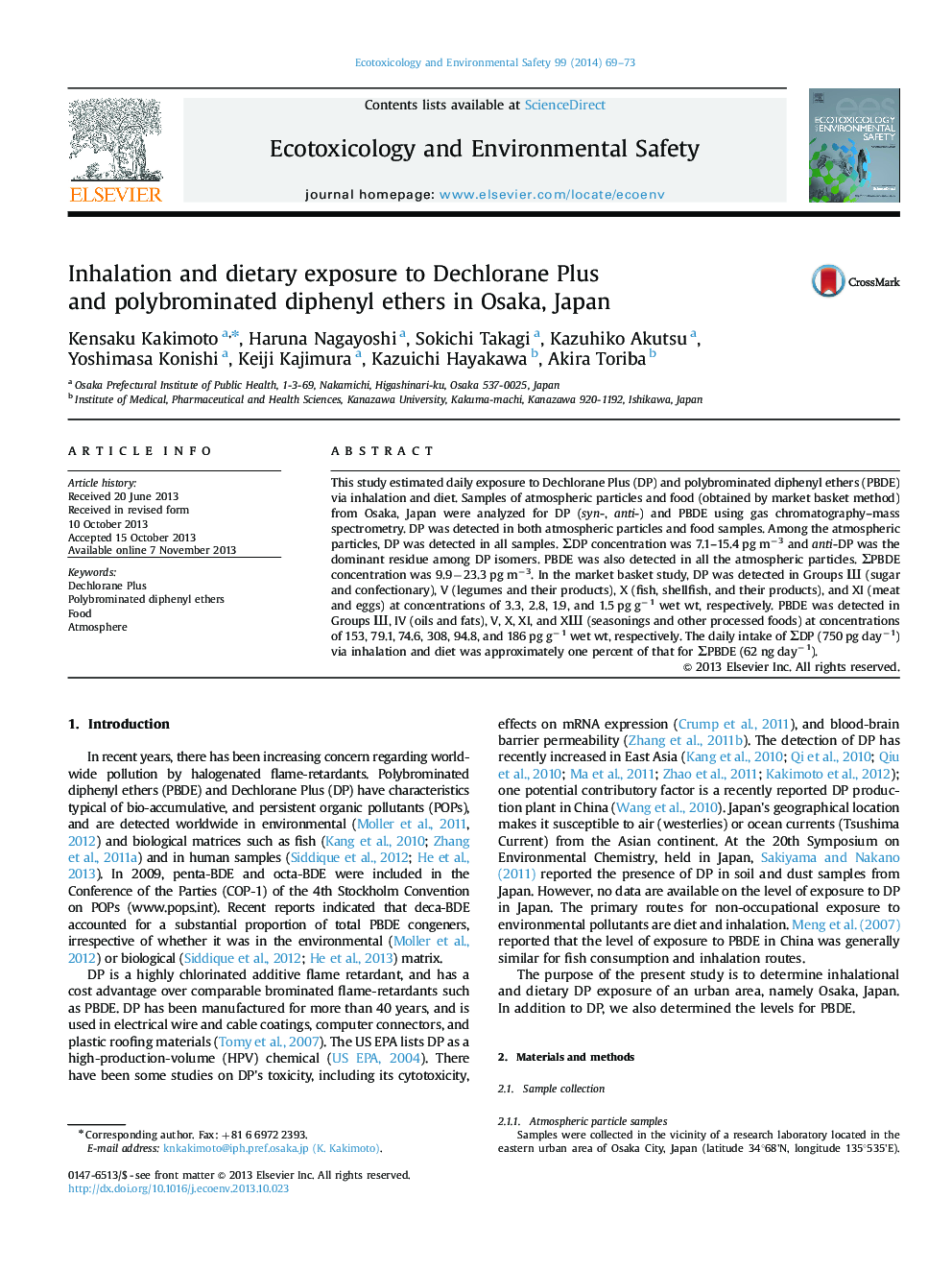 Inhalation and dietary exposure to Dechlorane Plus and polybrominated diphenyl ethers in Osaka, Japan