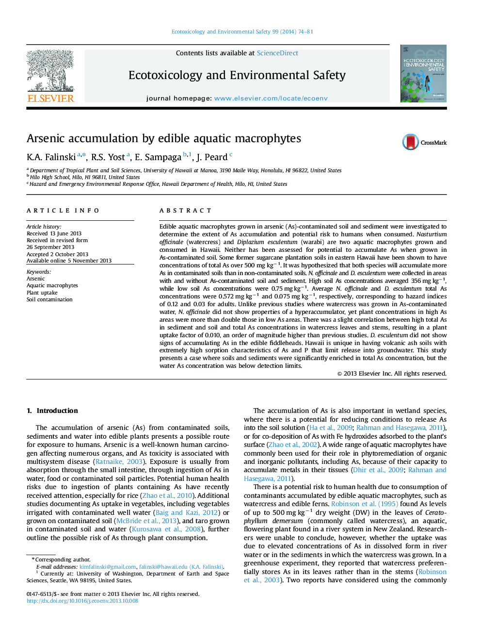 Arsenic accumulation by edible aquatic macrophytes