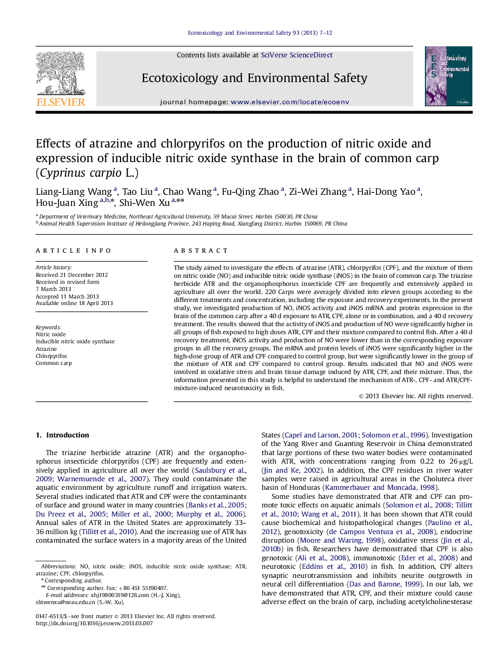 Effects of atrazine and chlorpyrifos on the production of nitric oxide and expression of inducible nitric oxide synthase in the brain of common carp (Cyprinus carpio L.)