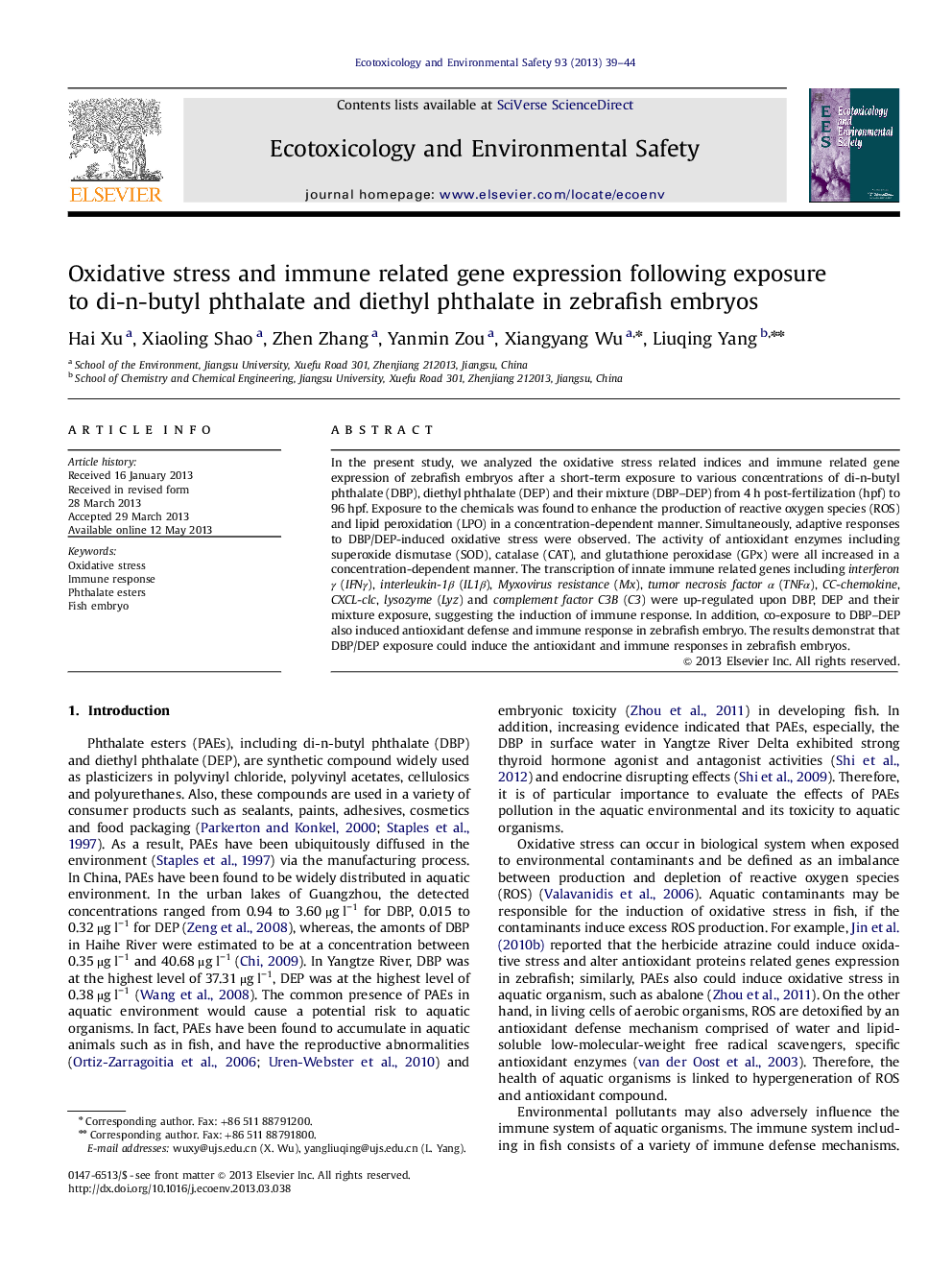 Oxidative stress and immune related gene expression following exposure to di-n-butyl phthalate and diethyl phthalate in zebrafish embryos