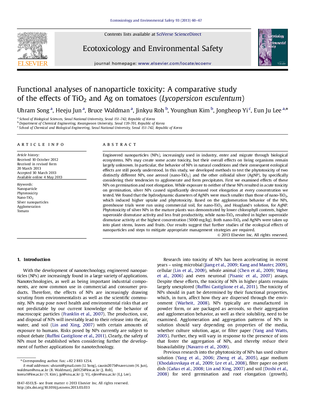 Functional analyses of nanoparticle toxicity: A comparative study of the effects of TiO2 and Ag on tomatoes (Lycopersicon esculentum)