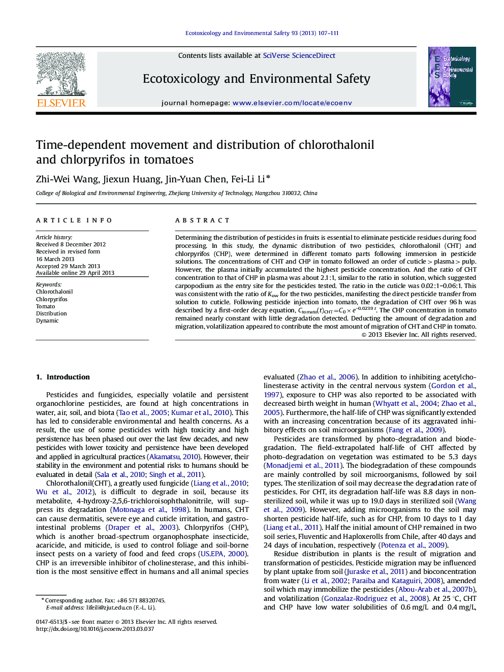 Time-dependent movement and distribution of chlorothalonil and chlorpyrifos in tomatoes