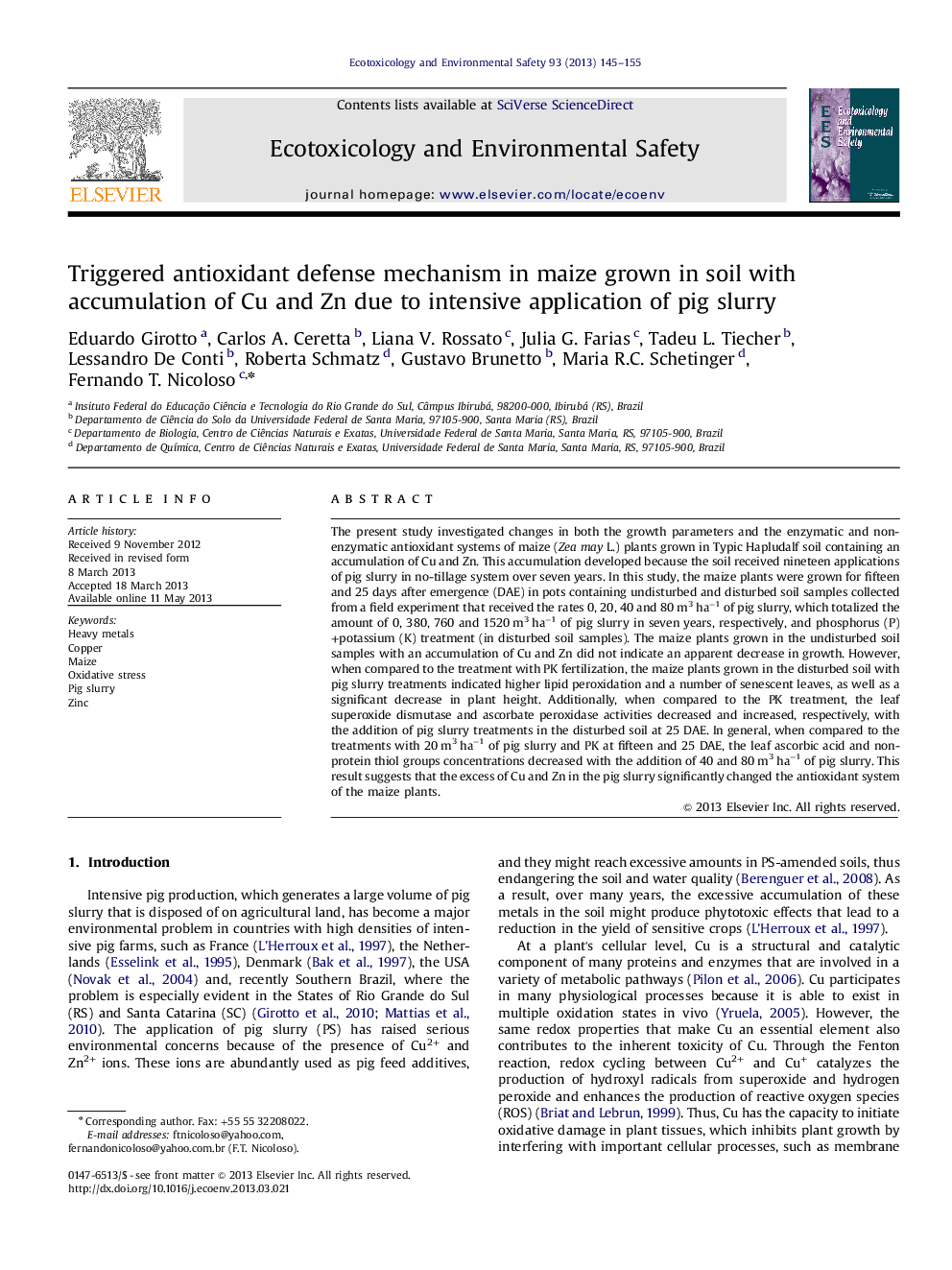 Triggered antioxidant defense mechanism in maize grown in soil with accumulation of Cu and Zn due to intensive application of pig slurry