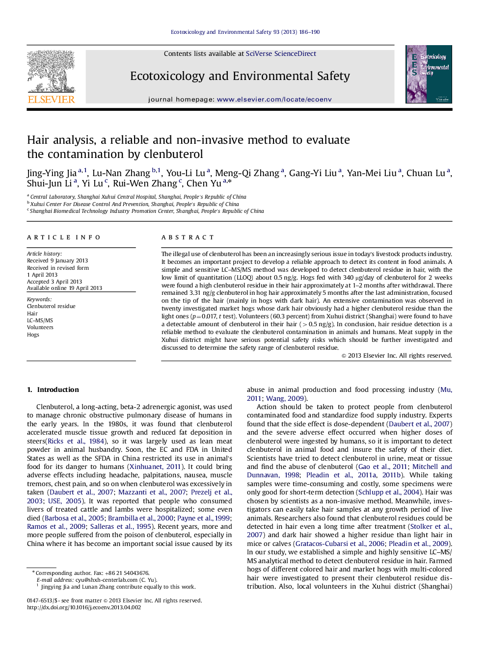 Hair analysis, a reliable and non-invasive method to evaluate the contamination by clenbuterol