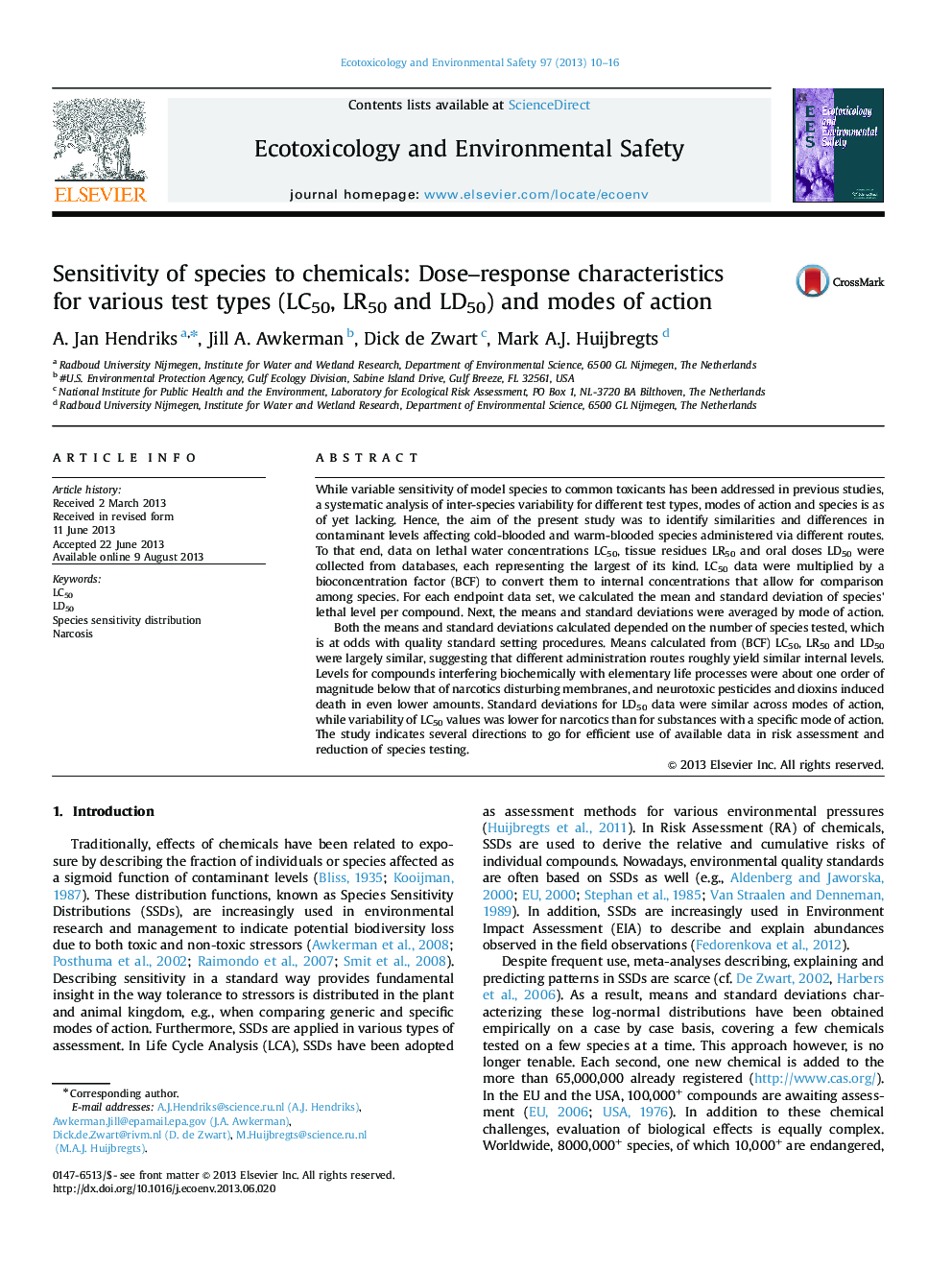 Sensitivity of species to chemicals: Dose–response characteristics for various test types (LC50, LR50 and LD50) and modes of action