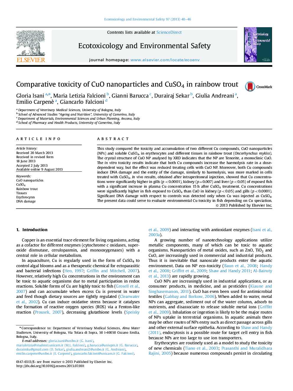 Comparative toxicity of CuO nanoparticles and CuSO4 in rainbow trout