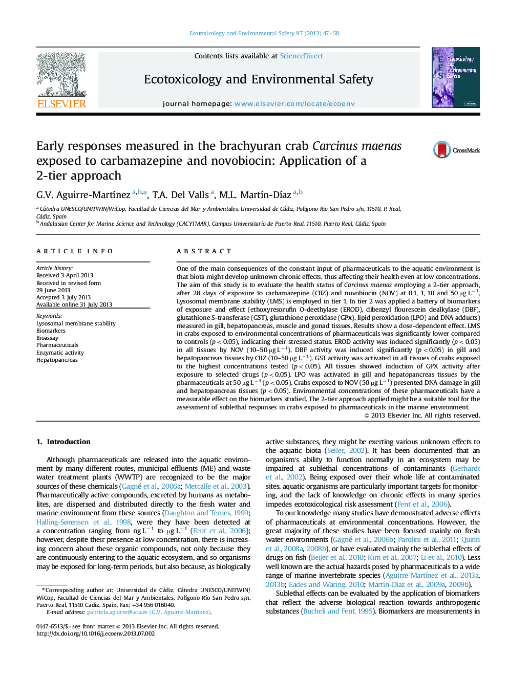 Early responses measured in the brachyuran crab Carcinus maenas exposed to carbamazepine and novobiocin: Application of a 2-tier approach