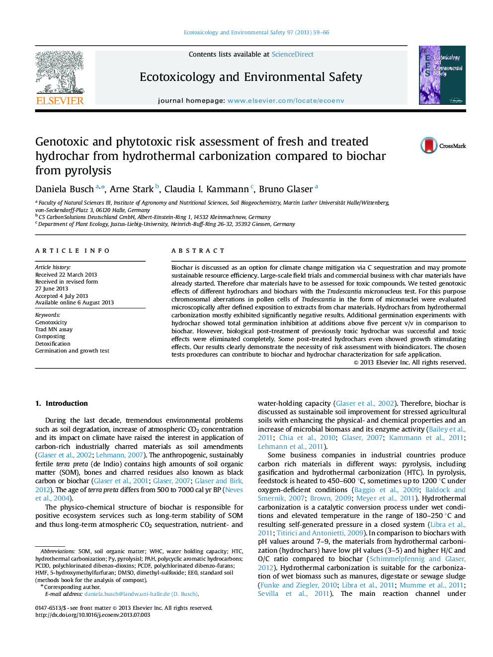 Genotoxic and phytotoxic risk assessment of fresh and treated hydrochar from hydrothermal carbonization compared to biochar from pyrolysis