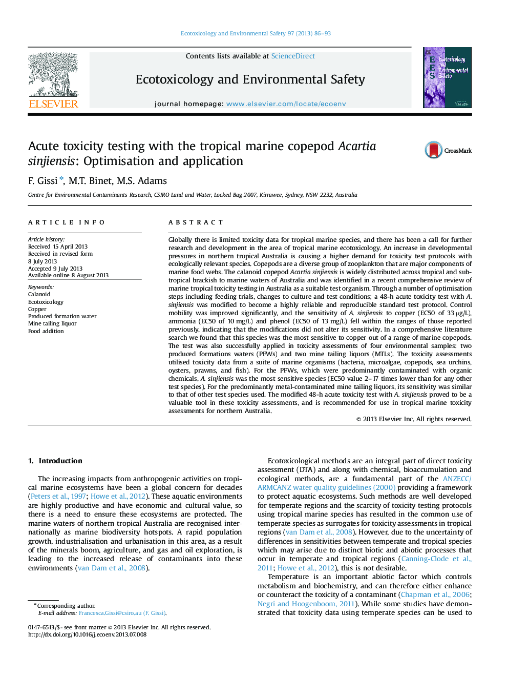 Acute toxicity testing with the tropical marine copepod Acartia sinjiensis: Optimisation and application