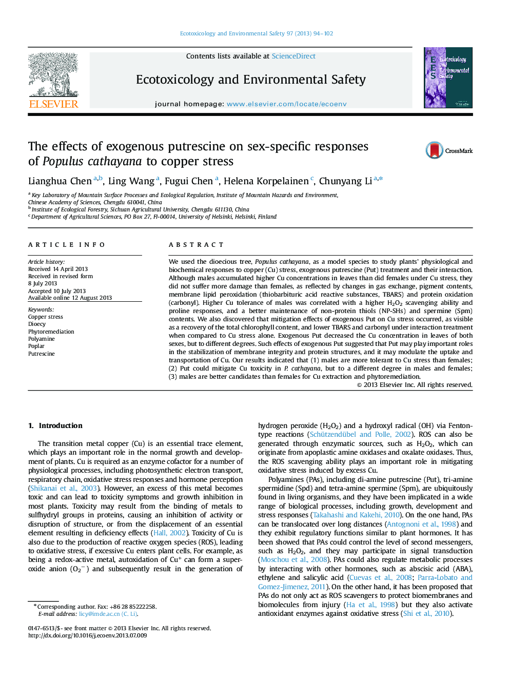 The effects of exogenous putrescine on sex-specific responses of Populus cathayana to copper stress