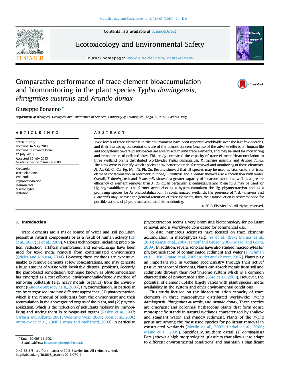 Comparative performance of trace element bioaccumulation and biomonitoring in the plant species Typha domingensis, Phragmites australis and Arundo donax