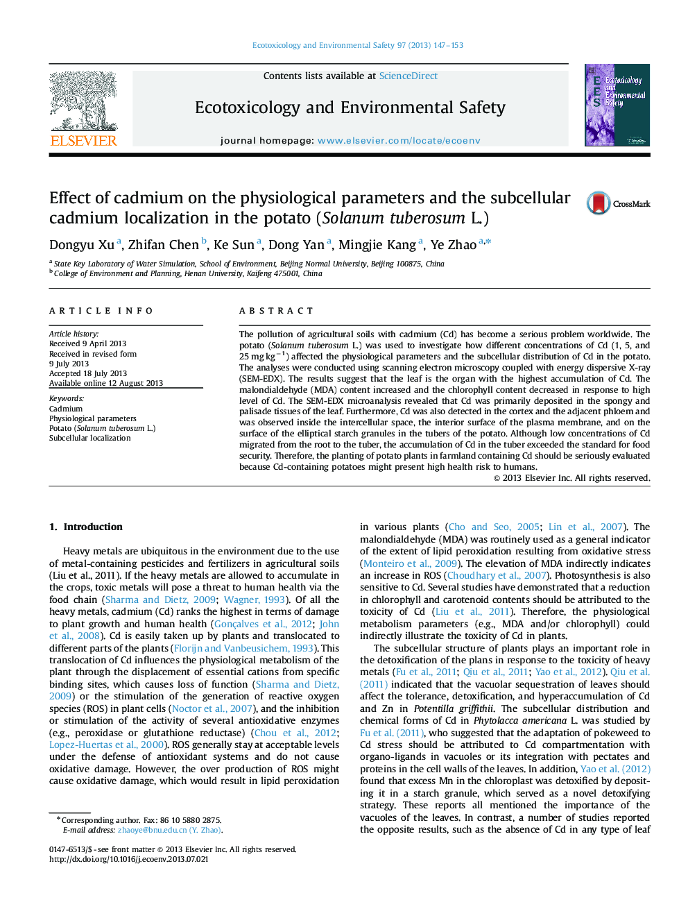 Effect of cadmium on the physiological parameters and the subcellular cadmium localization in the potato (Solanum tuberosum L.)