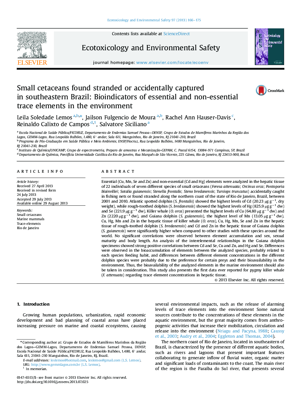 Small cetaceans found stranded or accidentally captured in southeastern Brazil: Bioindicators of essential and non-essential trace elements in the environment