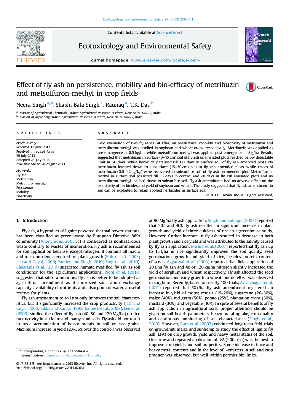 Effect of fly ash on persistence, mobility and bio-efficacy of metribuzin and metsulfuron-methyl in crop fields