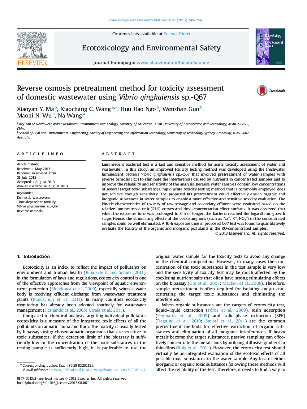 Reverse osmosis pretreatment method for toxicity assessment of domestic wastewater using Vibrio qinghaiensis sp.-Q67