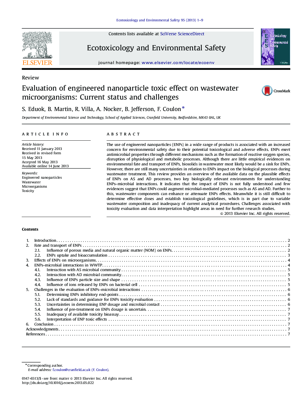 Evaluation of engineered nanoparticle toxic effect on wastewater microorganisms: Current status and challenges