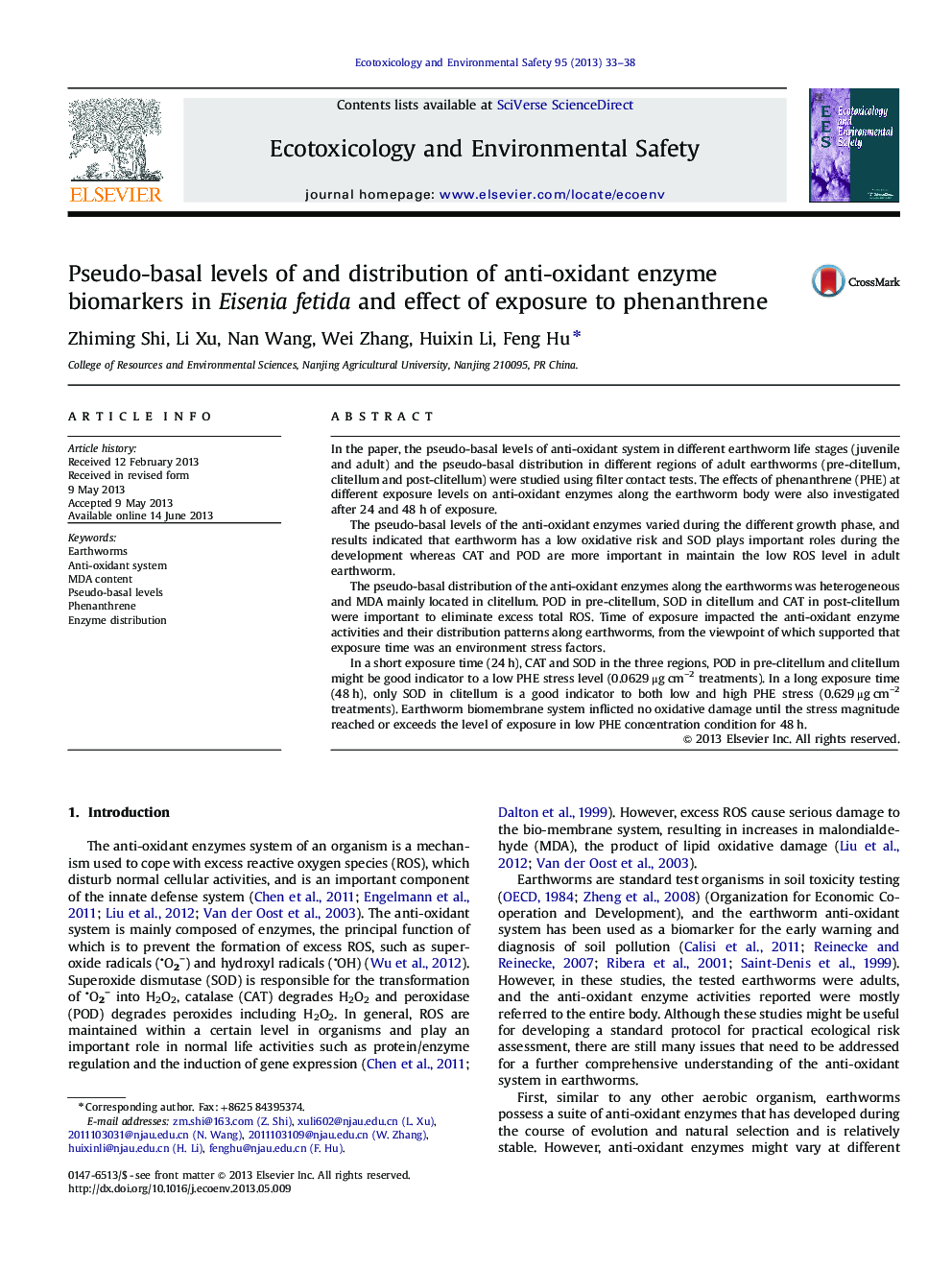 Pseudo-basal levels of and distribution of anti-oxidant enzyme biomarkers in Eisenia fetida and effect of exposure to phenanthrene