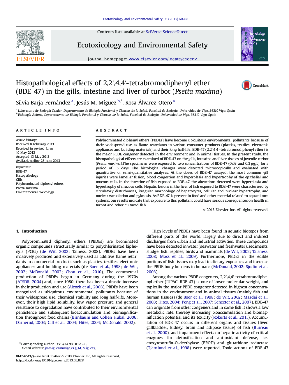 Histopathological effects of 2,2′,4,4′-tetrabromodiphenyl ether (BDE-47) in the gills, intestine and liver of turbot (Psetta maxima)