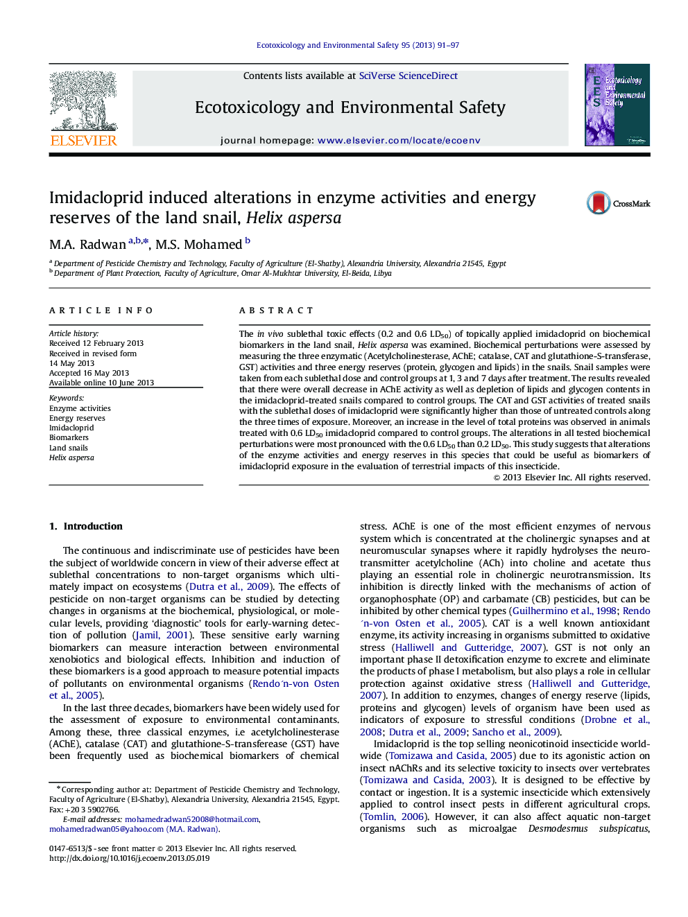 Imidacloprid induced alterations in enzyme activities and energy reserves of the land snail, Helix aspersa