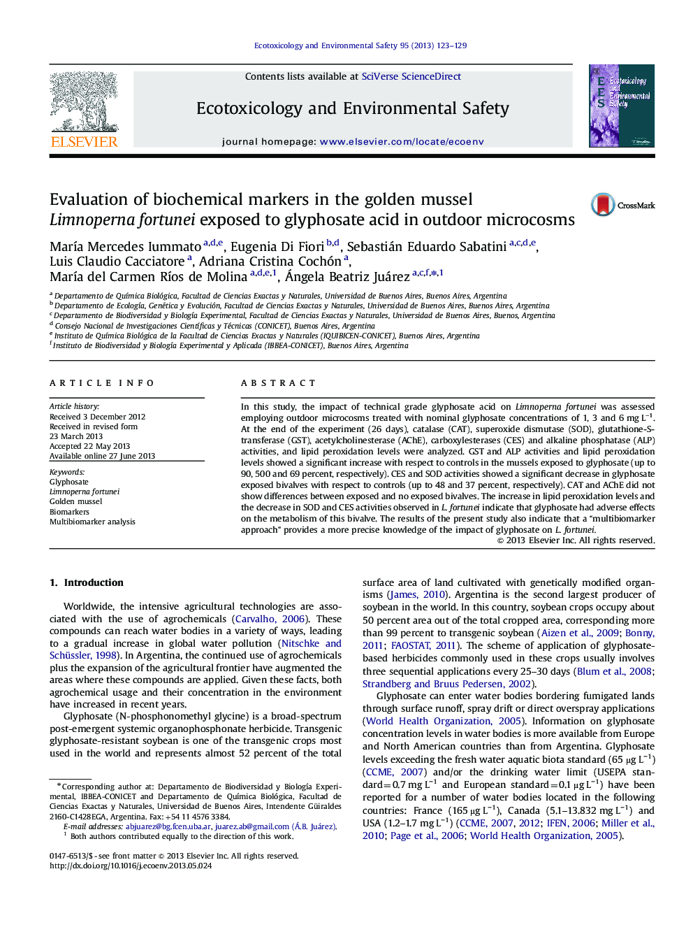 Evaluation of biochemical markers in the golden mussel Limnoperna fortunei exposed to glyphosate acid in outdoor microcosms