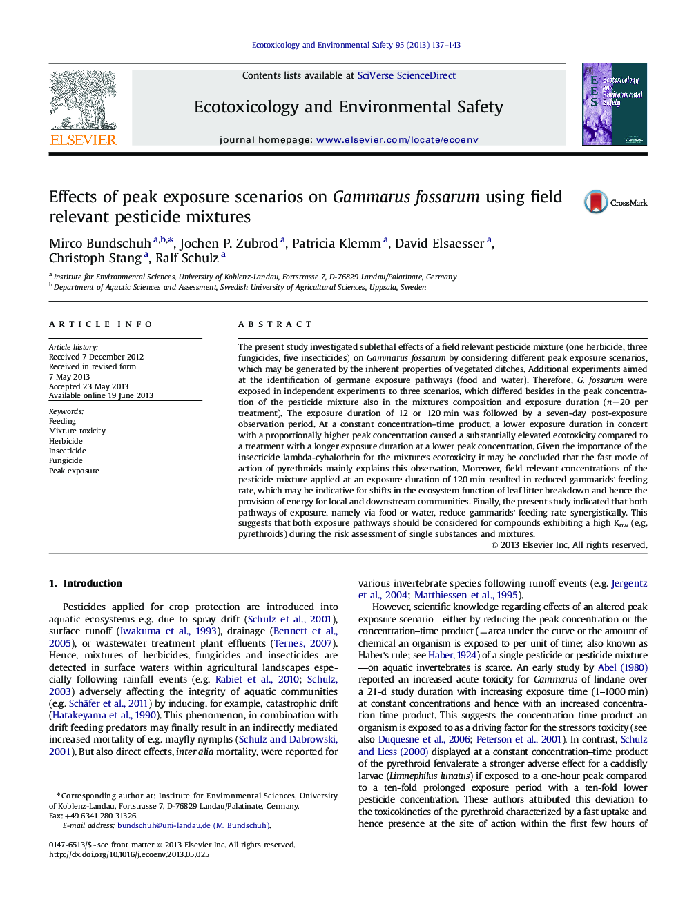 Effects of peak exposure scenarios on Gammarus fossarum using field relevant pesticide mixtures