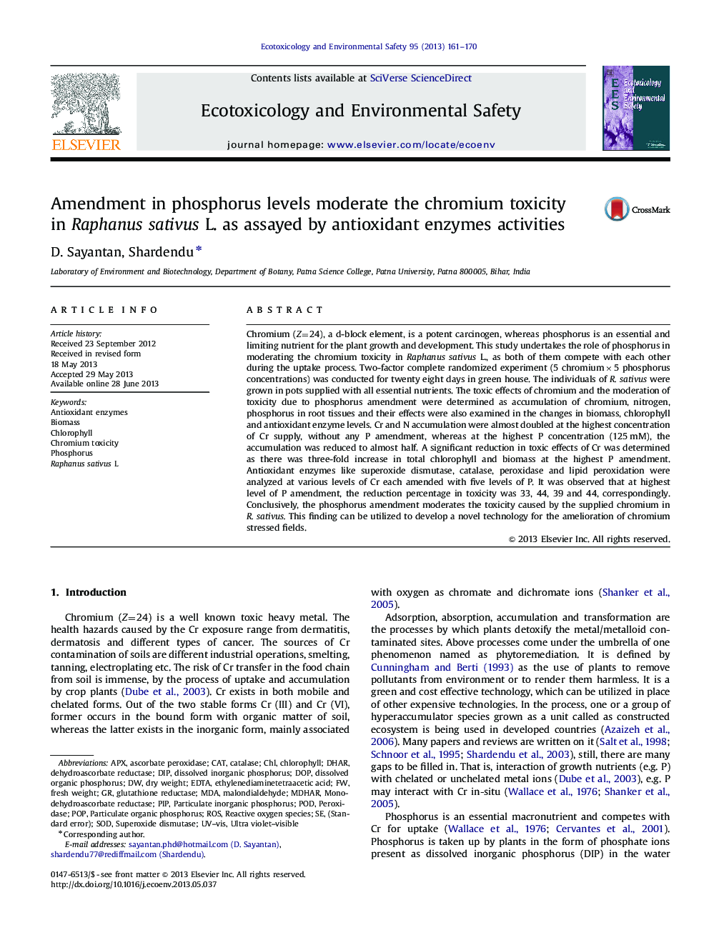 Amendment in phosphorus levels moderate the chromium toxicity in Raphanus sativus L. as assayed by antioxidant enzymes activities