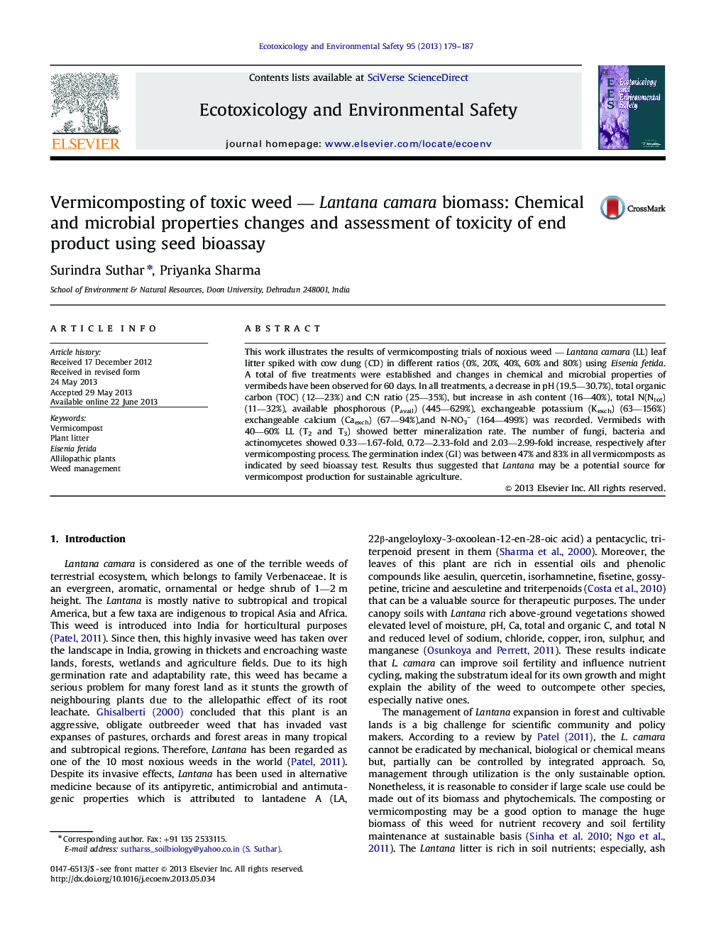 Vermicomposting of toxic weed — Lantana camara biomass: Chemical and microbial properties changes and assessment of toxicity of end product using seed bioassay