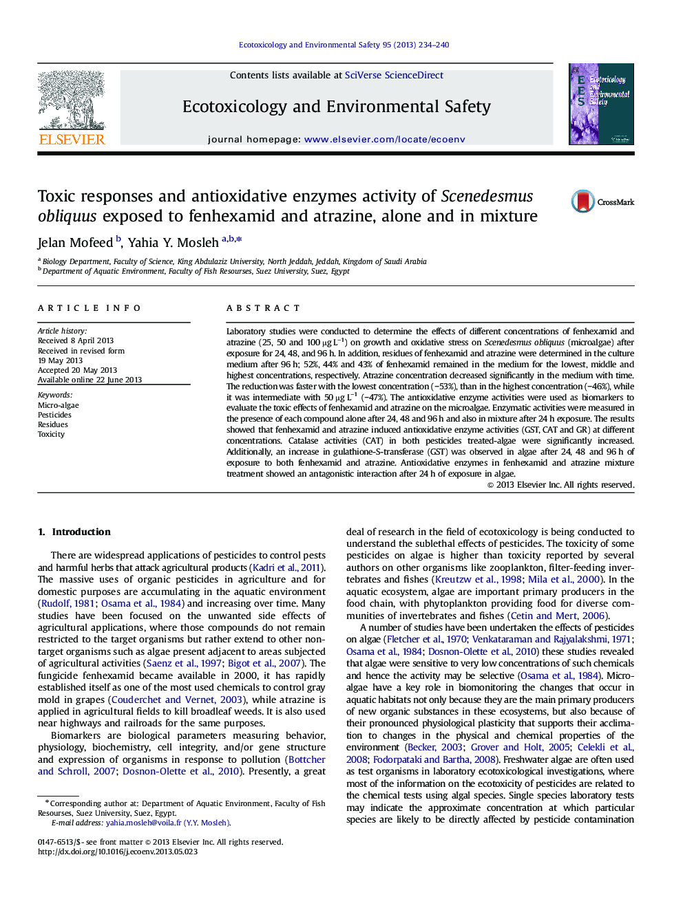 Toxic responses and antioxidative enzymes activity of Scenedesmus obliquus exposed to fenhexamid and atrazine, alone and in mixture