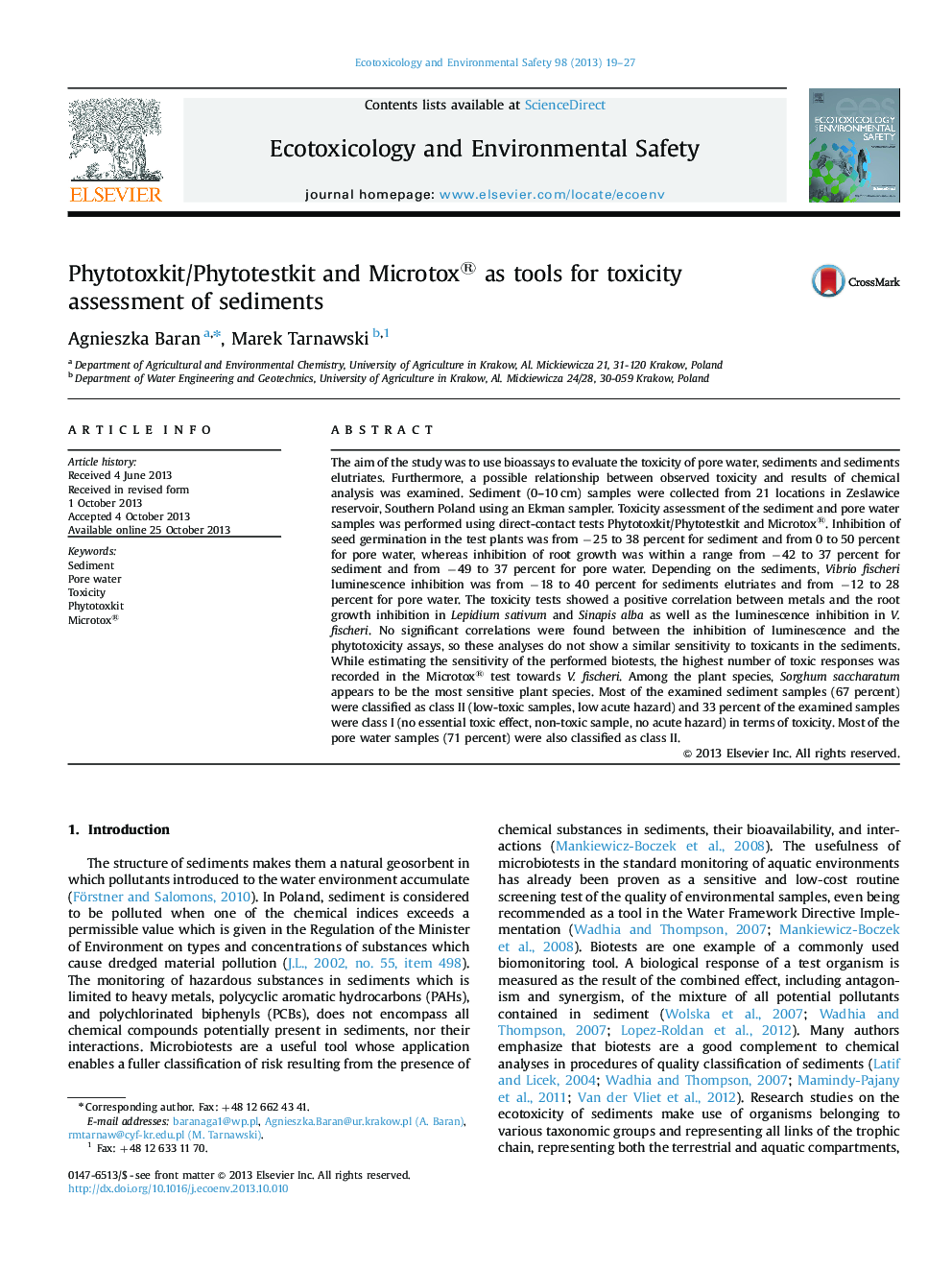 Phytotoxkit/Phytotestkit and Microtox® as tools for toxicity assessment of sediments