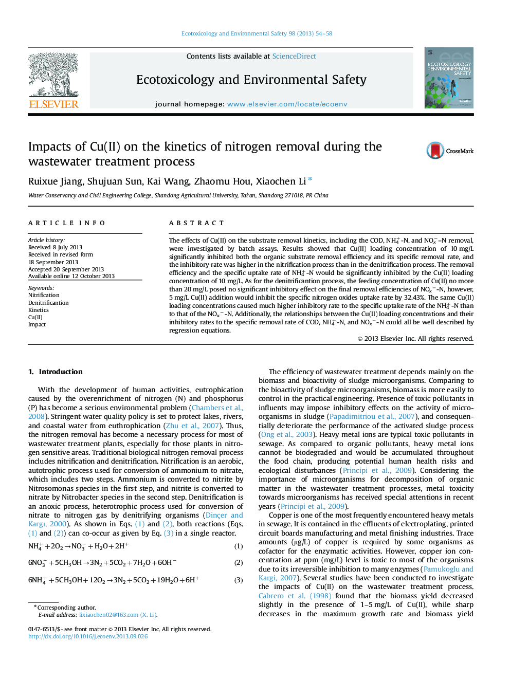 Impacts of Cu(II) on the kinetics of nitrogen removal during the wastewater treatment process